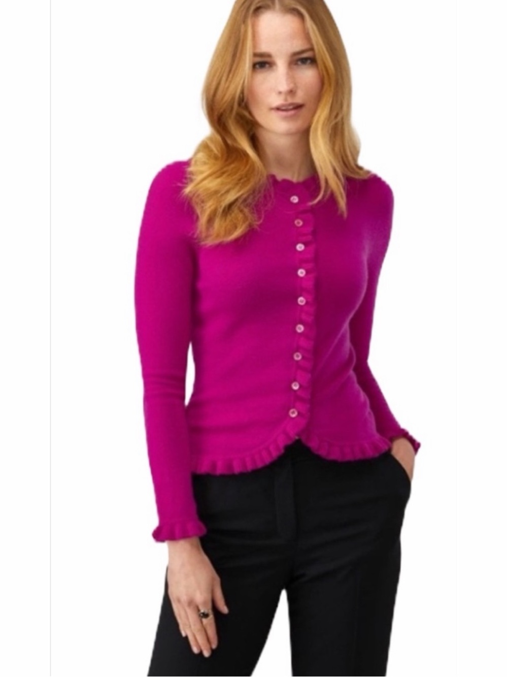 Pure Collection raspberry magenta pink ruffle cashmere cardigan sweater S